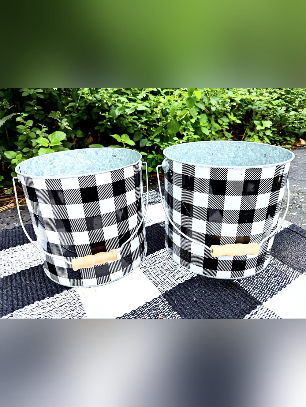 Black & White Buffalo Check Metal Buckets - Set of 2